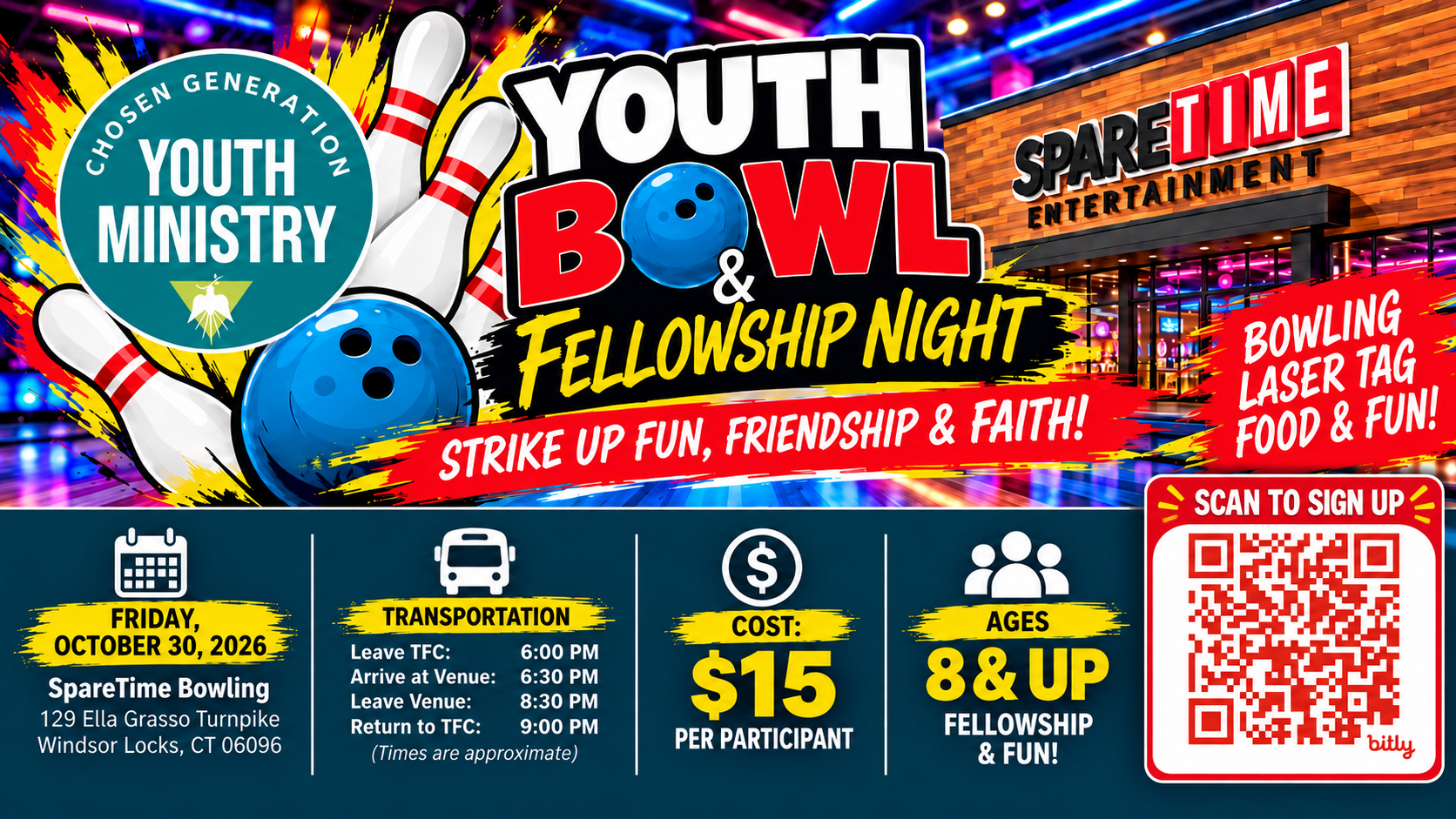 Youth Bowl & Fellowship Night event flyer for Friday, October 30, 2026, at SpareTime Bowling in Windsor Locks, CT. Cost is $15 per participant for ages 8 and up. Features transportation details and a QR code to sign up