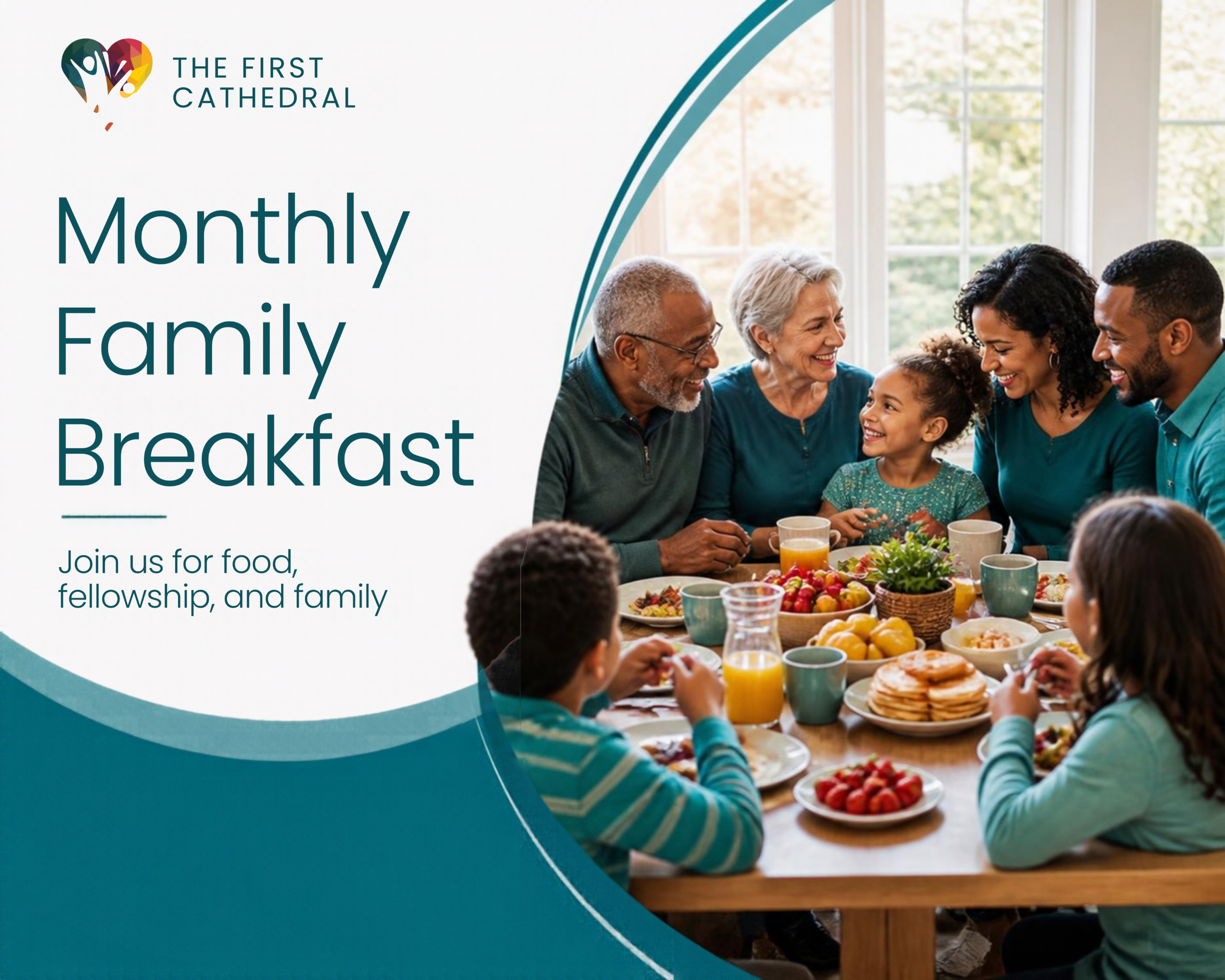 The First Cathedral: Monthly Family Breakfast. Join us for food, fellowship, and family. A multi-generational family sits together at a breakfast table